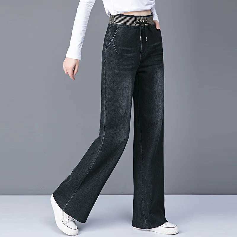 Women Elastic High Waist Straight Jeans Winter Warm Thicken Baggy Velvet Lined Wide Leg Denim Pants Korean Casual Vaqueros New C251110