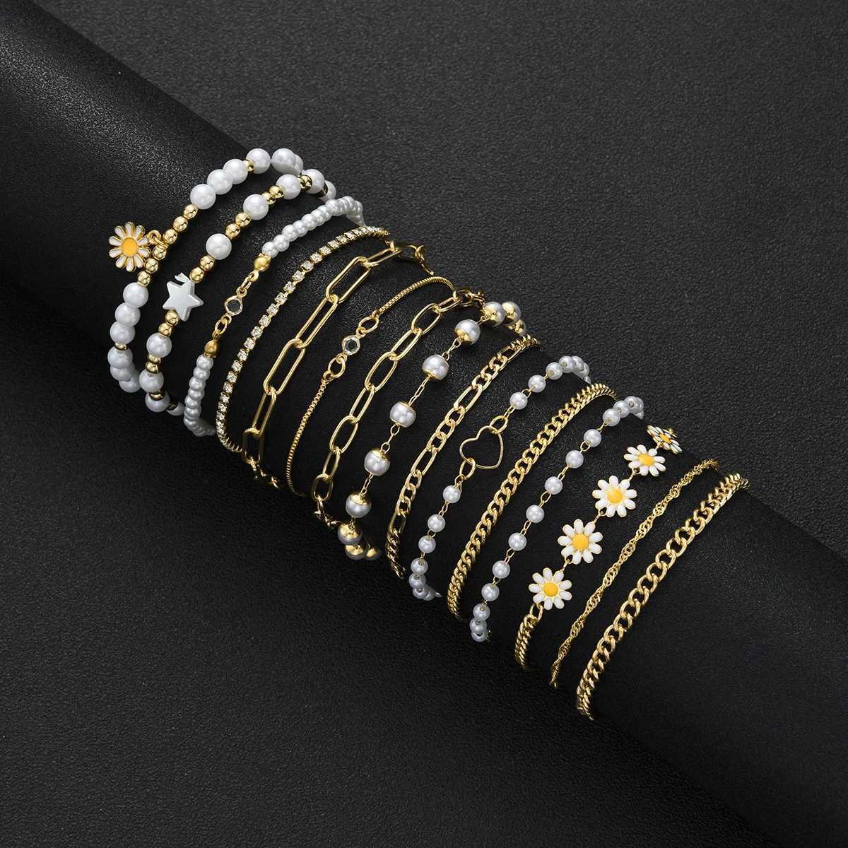 15pcs Bohemian Daisy Flower Star Bead Faux Pearl Layered Bracelets Set For Women Gold Color Summer Beach Daily Wear Jewelry GiftT251110