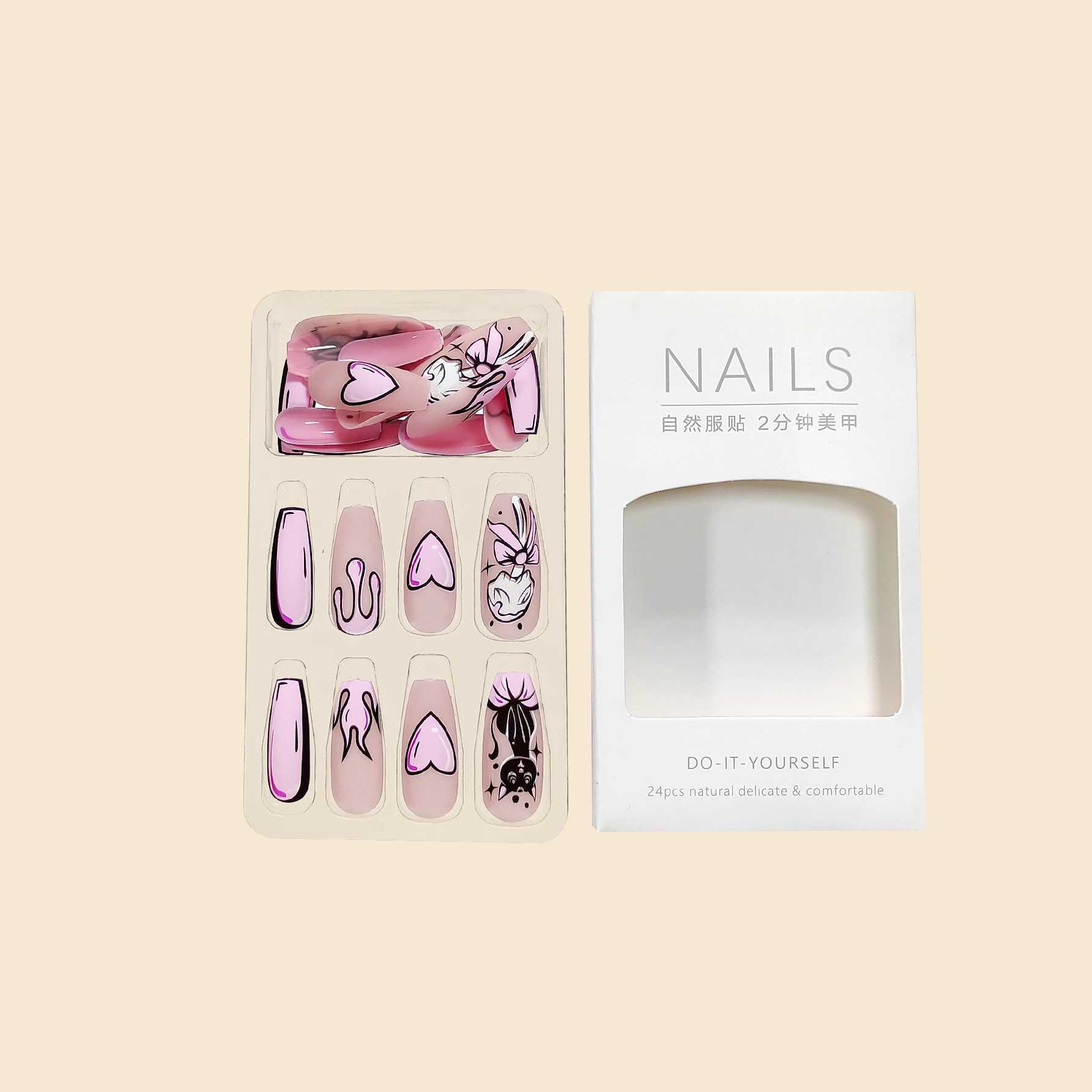 24Pc/set long ballet pink French heart-shaped cat cartoon pattern printing full coverage wearable fake nail press W250410