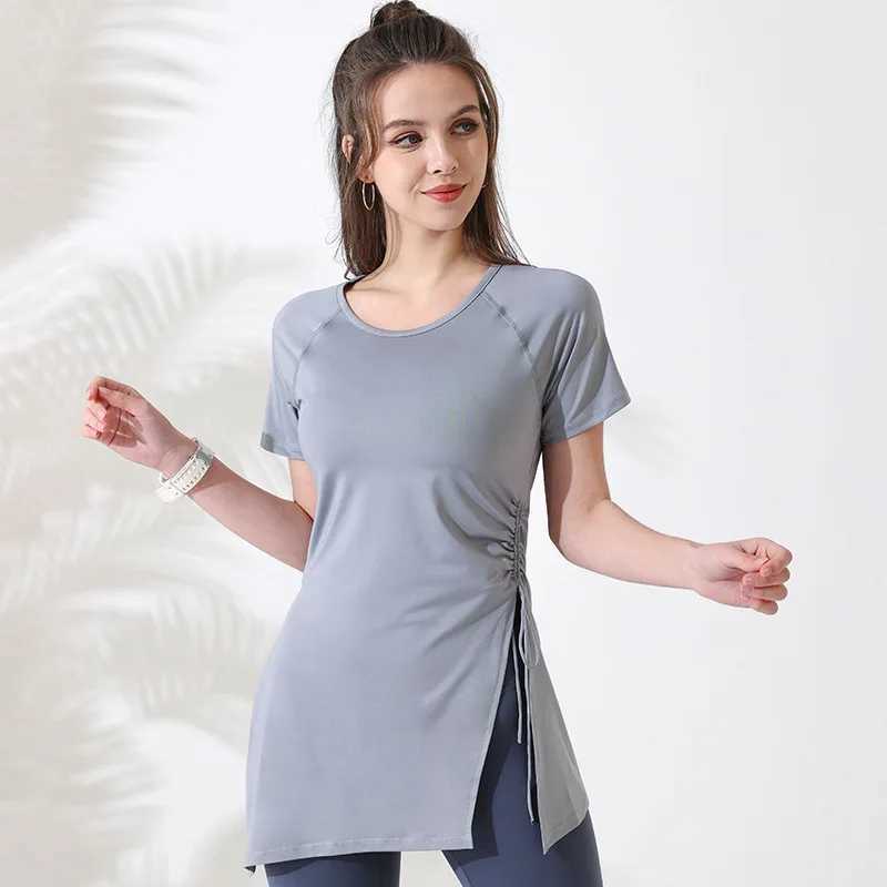 Womens sports shirt short sleeved yoga top gym long shirt side pull split sports top breathable fitness yoga suitXJ250410