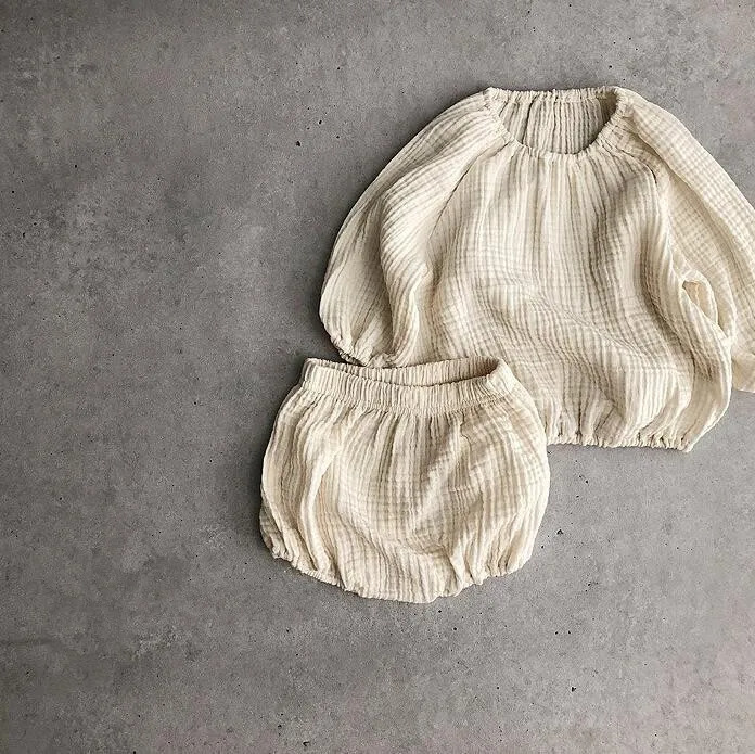 autumn baby girl boy clothing set childrens cotton linen long sleeved shirtBloomer 2-piece Japanese and Korean childrens clothing 250409