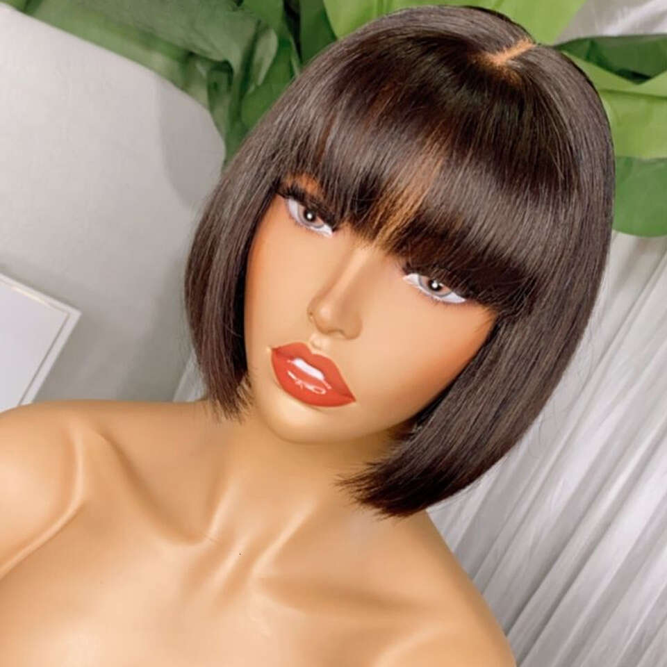 Glueless Short BOB 4X1 Lace Front - Brazilian Remy Human Hair Straight Bob With Bangs Density, No Glue Needed, Easy Wear Instant Wig Women Men | Comfo