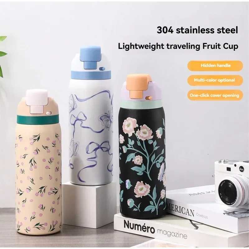 Fashionable cup 32OZ Thermos Bottle 304 Stainless Steel Portable Straw Jumping Cup Cold and Hot Sport Water Cups Portable Vacuum Flask Y251110