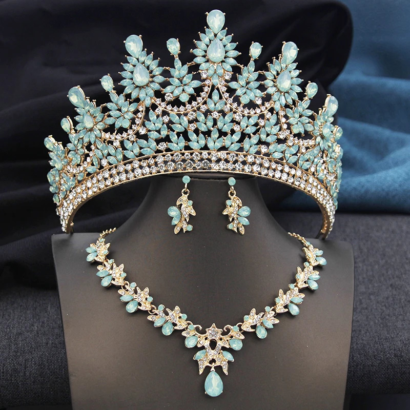 High Opal Pink Tiaras and necklace earrings Bridal Jewelry Sets for Women Brides Wedding Crown Prom Birthday Costume Accessories 250409