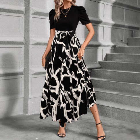 2025 Cross-Border Women's Spring Summer Hot-Selling Floral Print Round Neck Exotic Vacation Style Elegant Dress