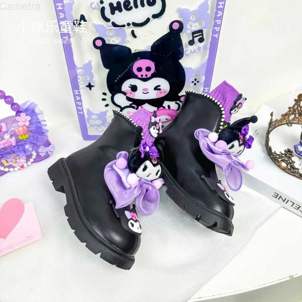 Sanrio Winter Kuromi Anime Ins Kawaii Children Leather Boots Autumn Winter Cute Cartoon Fleece Waterproof Warm Cotton Shoes Gift H251110