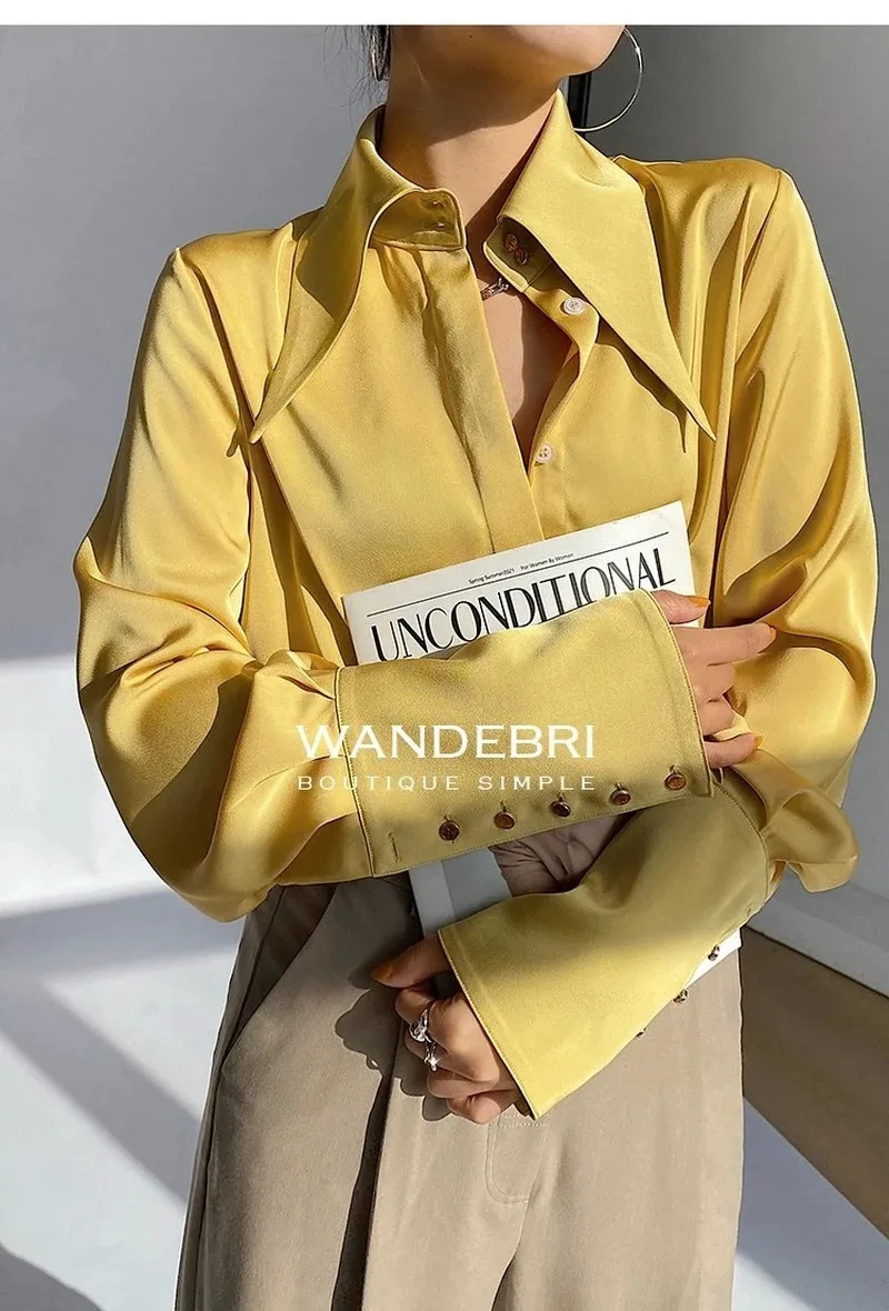 Elegant satin silk womens shirt Spring and Autumn retro collar womens shirt White office womens shirt Top Blue 16946 250409