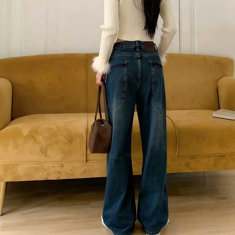 Autumn 2025 High Waist Slim Tapered Wide Leg Jeans Y2K Vintage Blue Denim Pants Dongdaemun Curved Hem for Women C251110