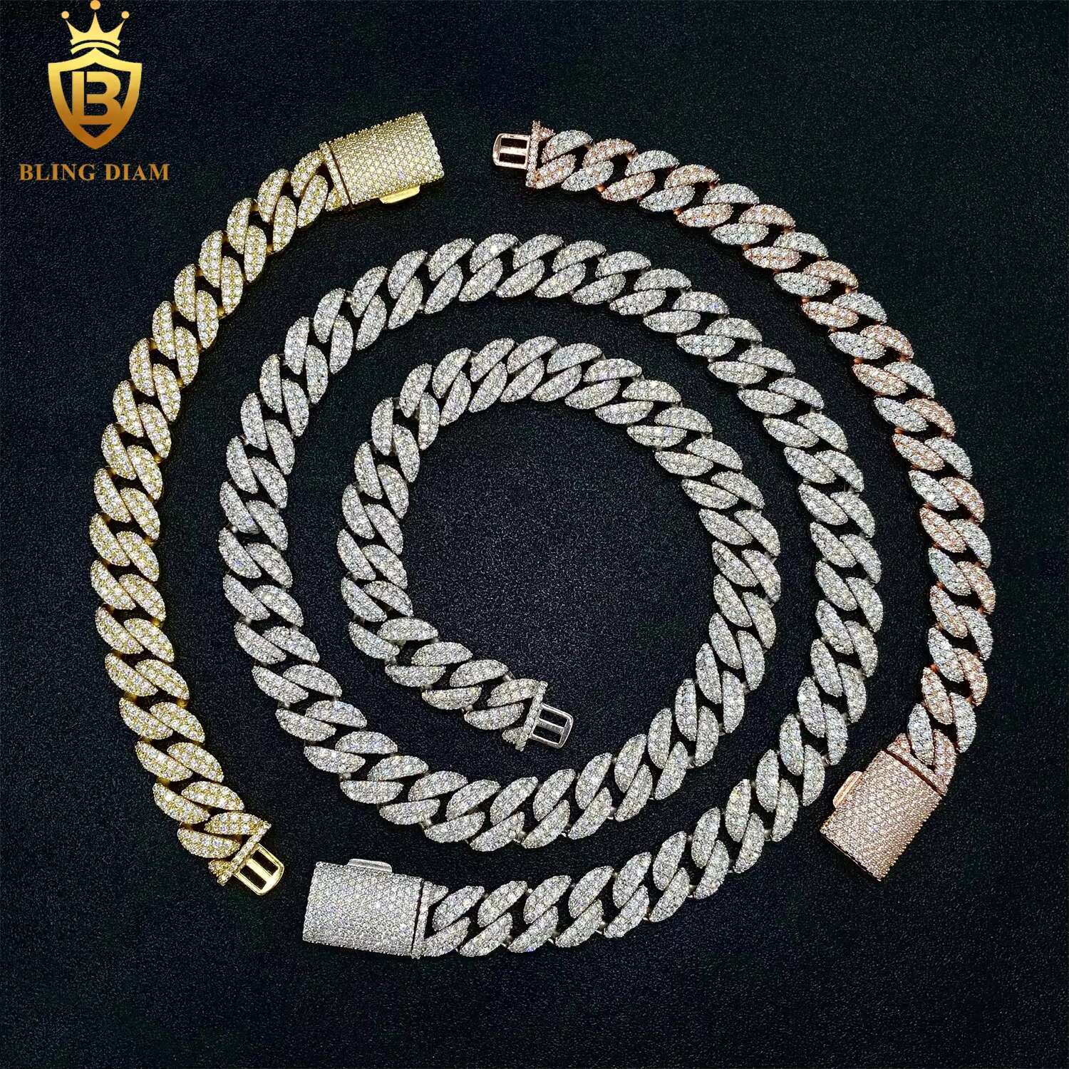 12mm Hip Hop Miami Cuban Link Chain 2Rows 925 Silver Vvs Moissanite Iced Out Gold Plated Promotions and Discounts
