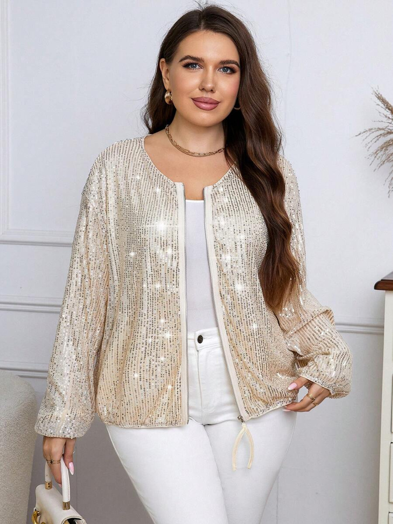 Women's Sequin Baseball Jacket, Zip-Up Casual Daily Commute Coat, Apricot----D362