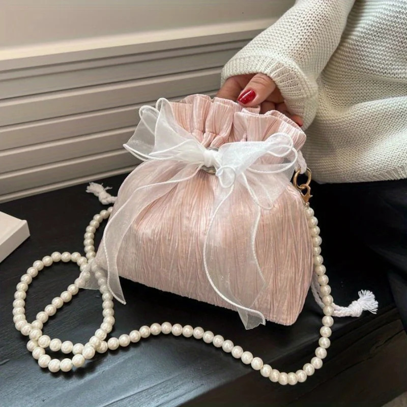 Chic Bowknot Canvas Crossbody Bag with Faux Pearl Chain - Versatile Stylish Bucket Shoulder Purse for Women 250407