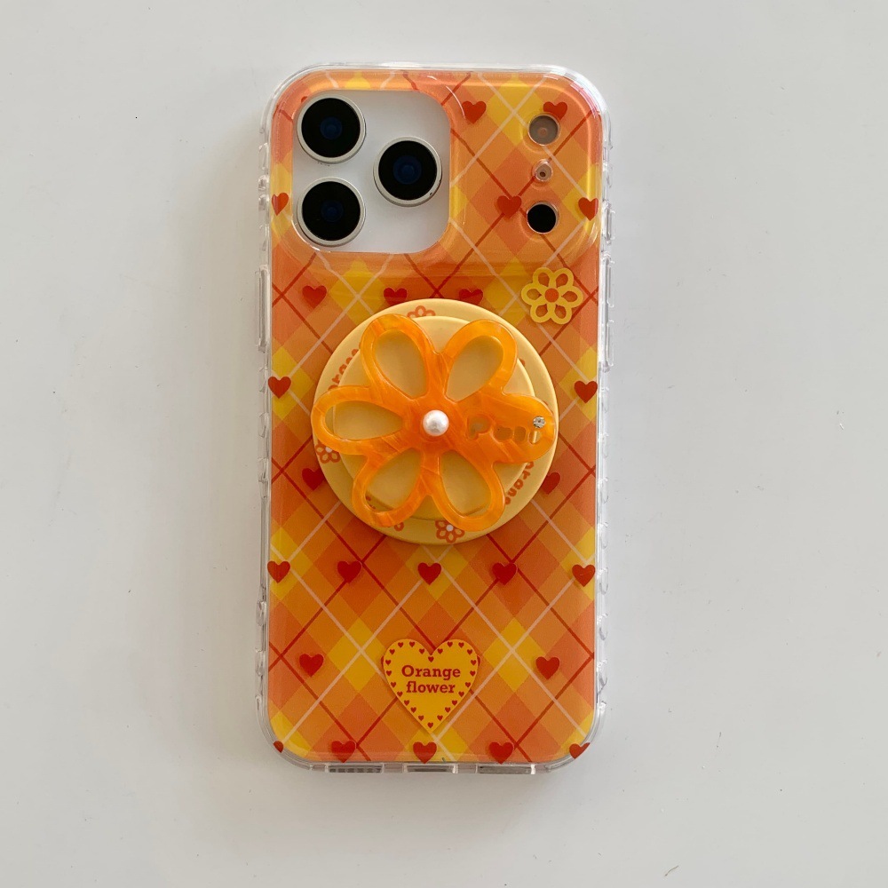 Plaid Heart Flower Stand Phone Case Compatible with iPhone 17/16 Cartoon Solid iPhone Color 15/14 Pro