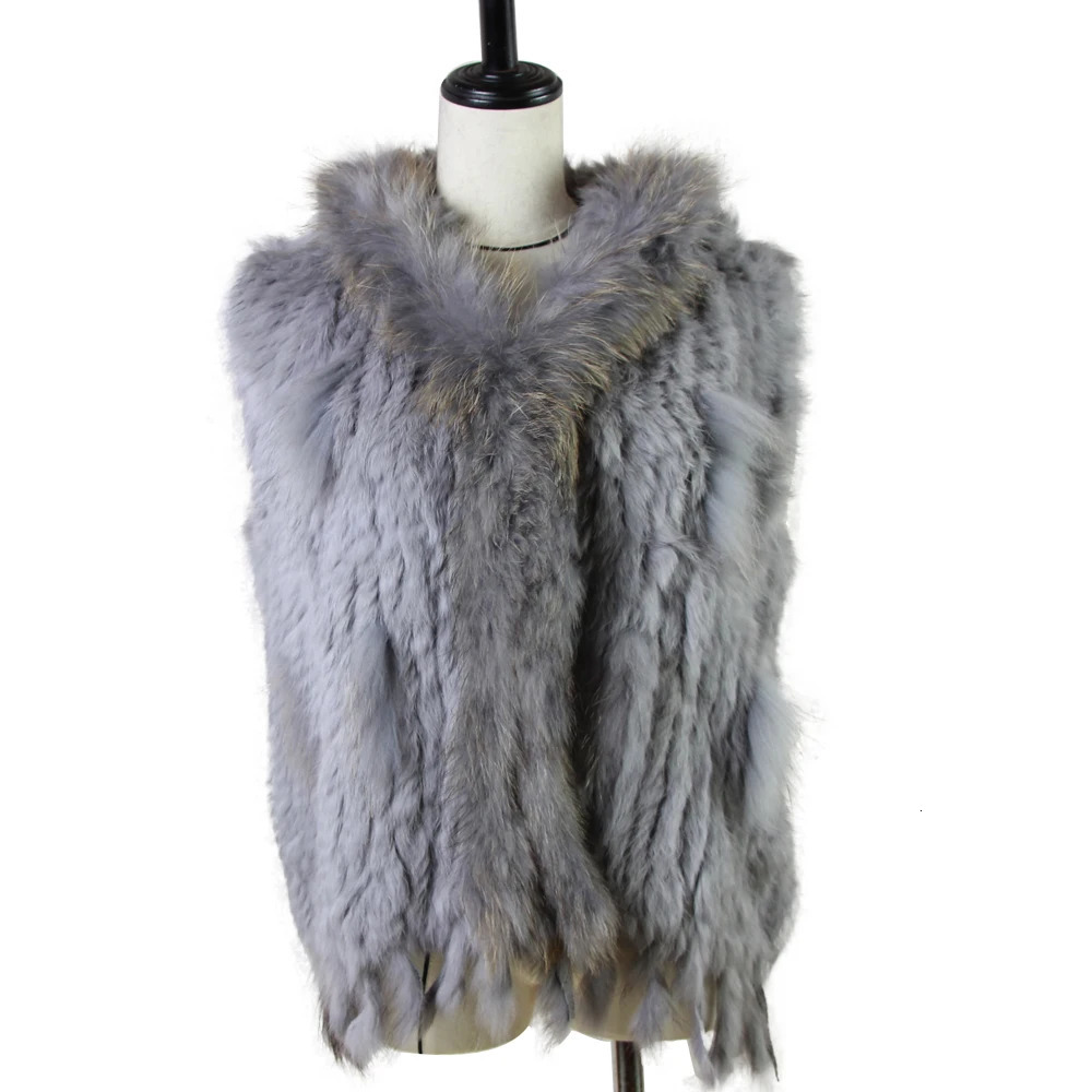 Harppihop fashion rabbit fur vest raccoon trimming knitted with hood waistcoat gilet 251110