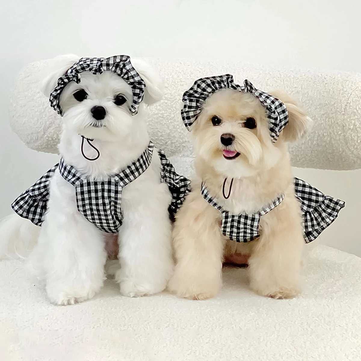 Small Dog Skirt with Caps Suit Pet Birthday Costume Black and White Plaid Dress and Hat Set for Small Medium DogTeddy Cat Clot J251110