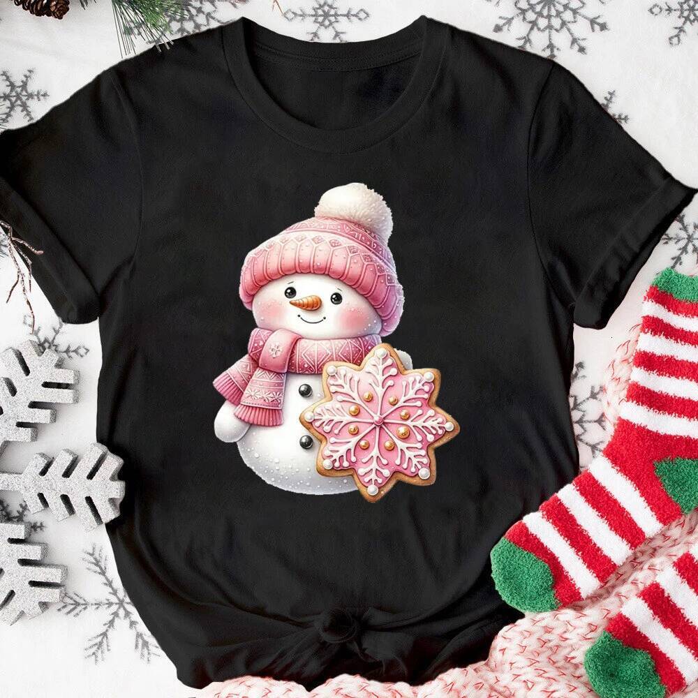 Ddmytues Christmas Pink Snowman T-Shirt Activities Tshirts Women Unisex Casual Tops White T-Shirt Graphic Tshirt Streetwear
