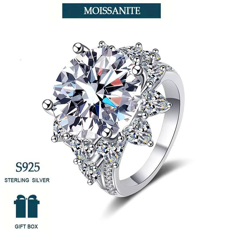 10CT S925 Sterling Silver Moissanite Ring Set VVS Round Fashionable Light Luxury Moissanite Wedding Ring for Women