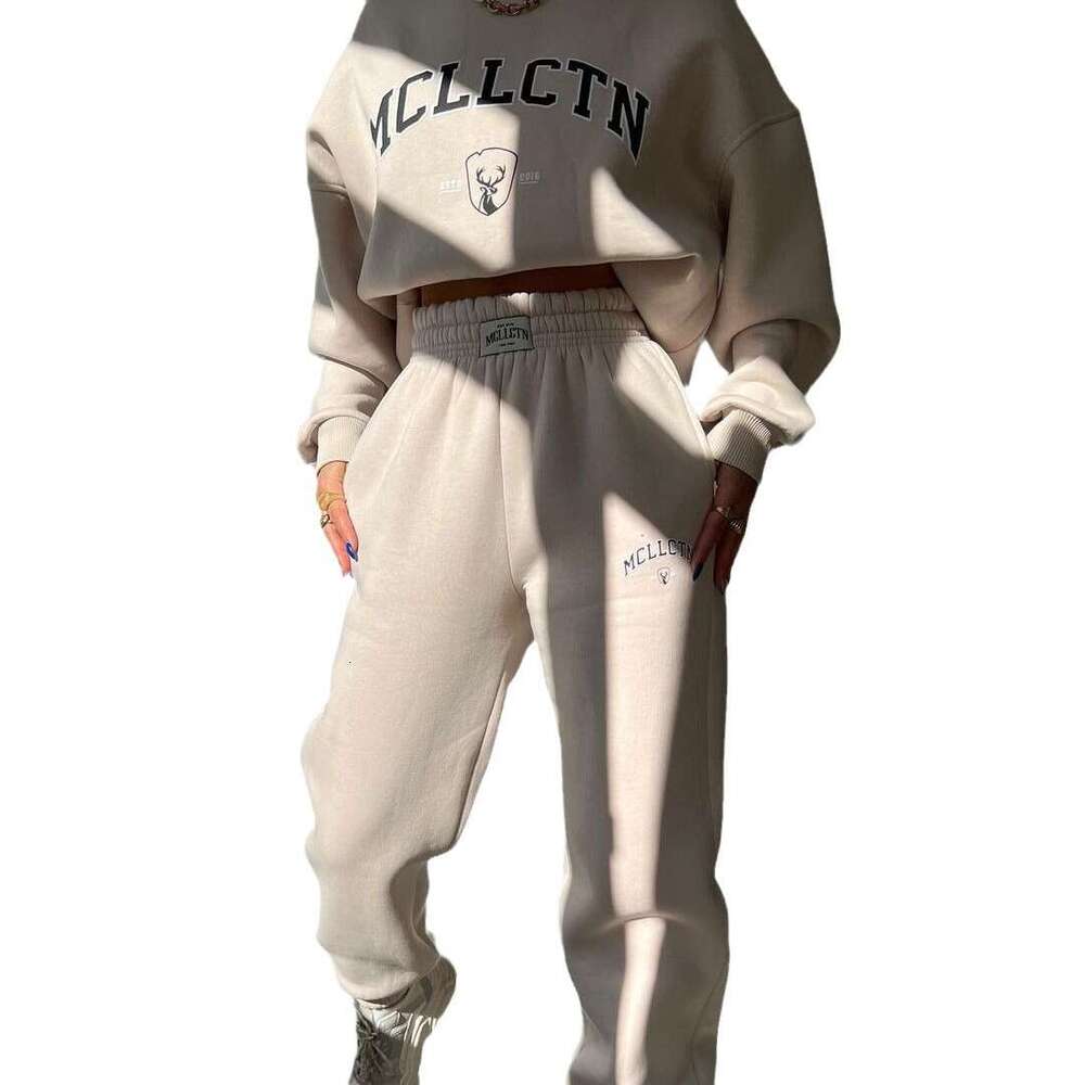 2024 European and American women's casual fashion printed thick suit with fleece hoodie long sleeved pants set