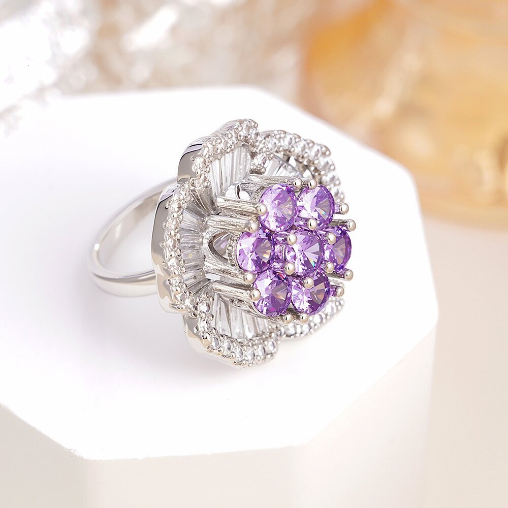 Lightweight Luxury Floral Ring Fashionable Copper Designer Ring Fashionable Women's Ring Multifunctional Super Fairy Heavy Craft Purple Zircon Ri