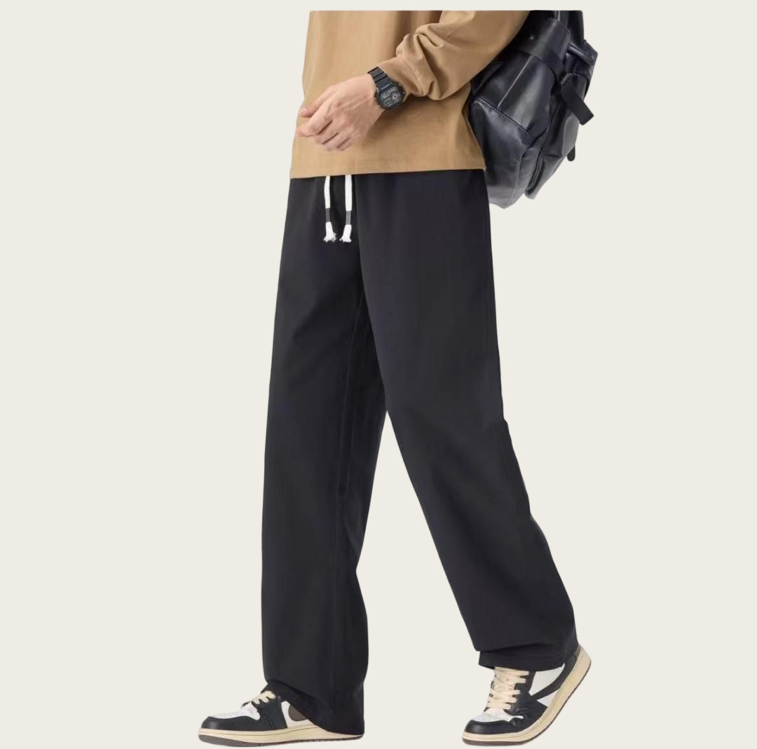 Men's Long-Length Black & Dark Gray Relaxed Straight-Leg Casual Pants 3608