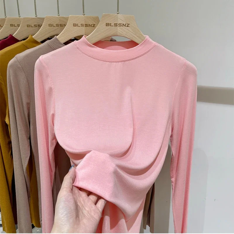 Womens Spring and Autumn Office Basic Oneck Ultra thin Tshirt Solid Color Multiple Matching Trend Casual Top Thread Long Sleeve Elasticity 250407