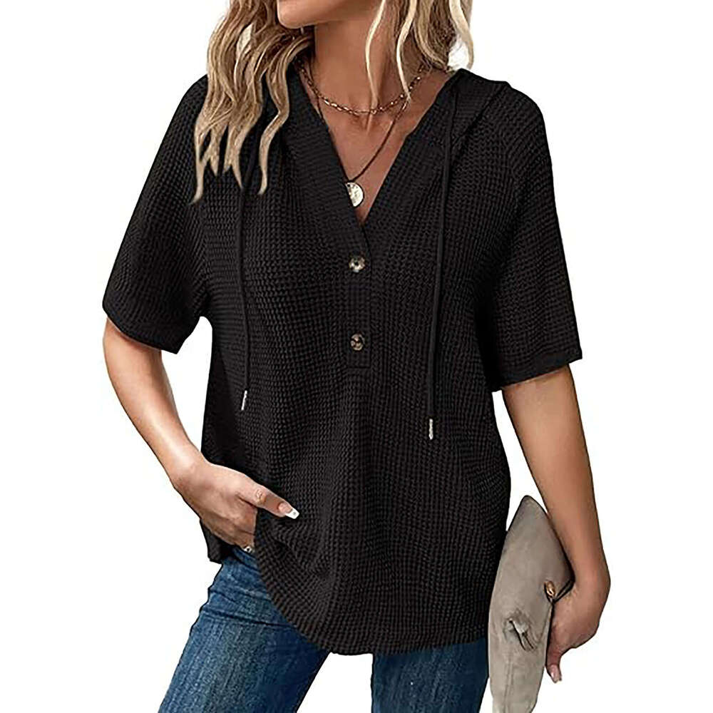 2025 Women's Summer Waffle Knit Short Sleeve Top Lightweight Drawstring Hoodie Button V-Neck Shirt