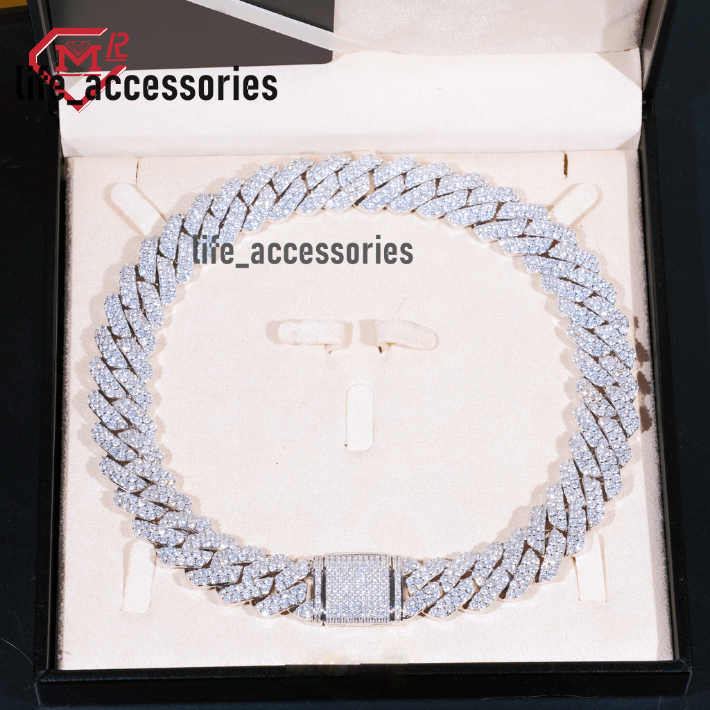 Hip Hop Men 16mm Two Rows Cuban Chain Full Iced Out Prong Setting 925 Silver Vvs Moissanite Cuban Link Chain