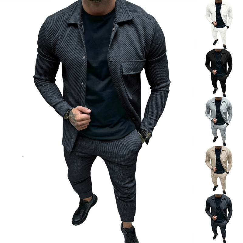 2024 autumn/winter new mens collar solid color long sleeved pants set loose and versatile two-piece set