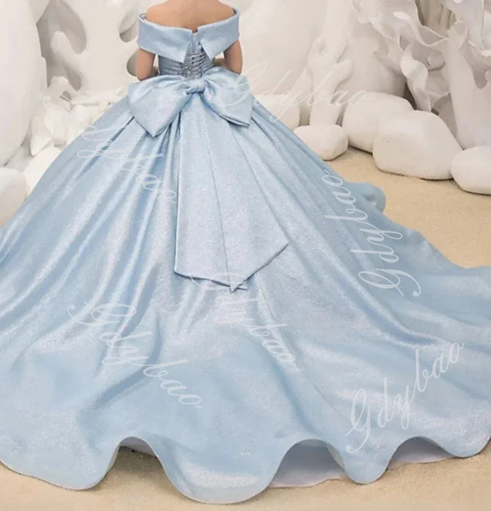 Sky Blue Flower Girl Dress Elegant Bow Shoulder Princess Satin Ball Dress Childrens Birthday Party First Party Dress 250403