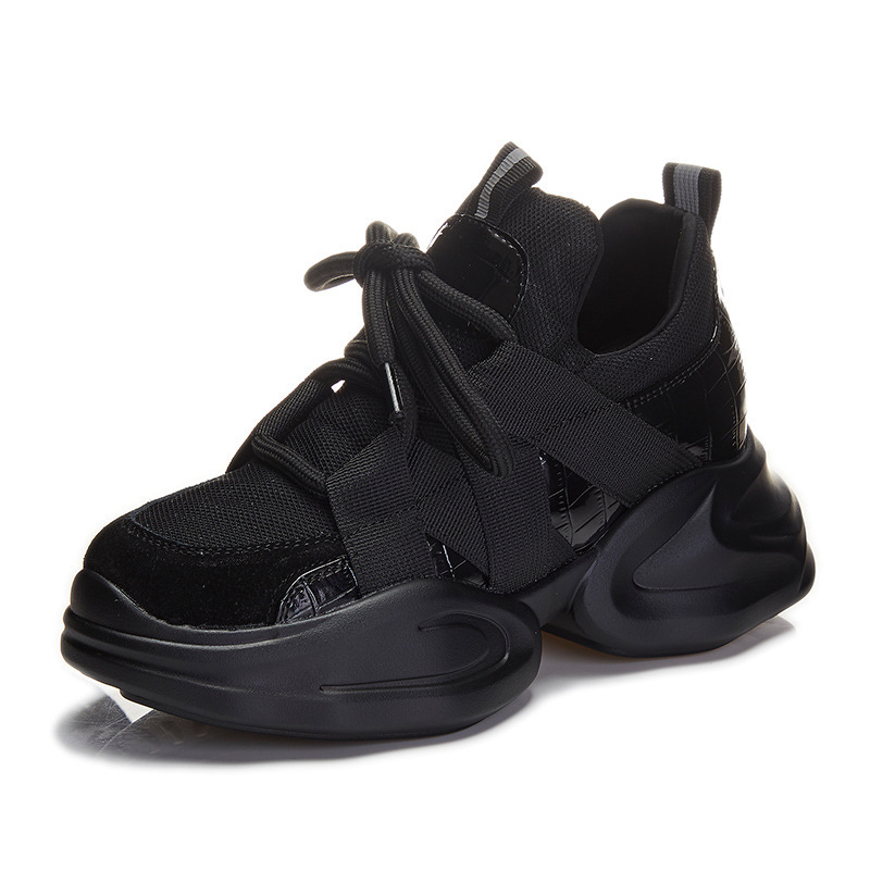 2025 New Women's Genuine Leather Black Thick Bottom Designer Fashion Sports Shoes