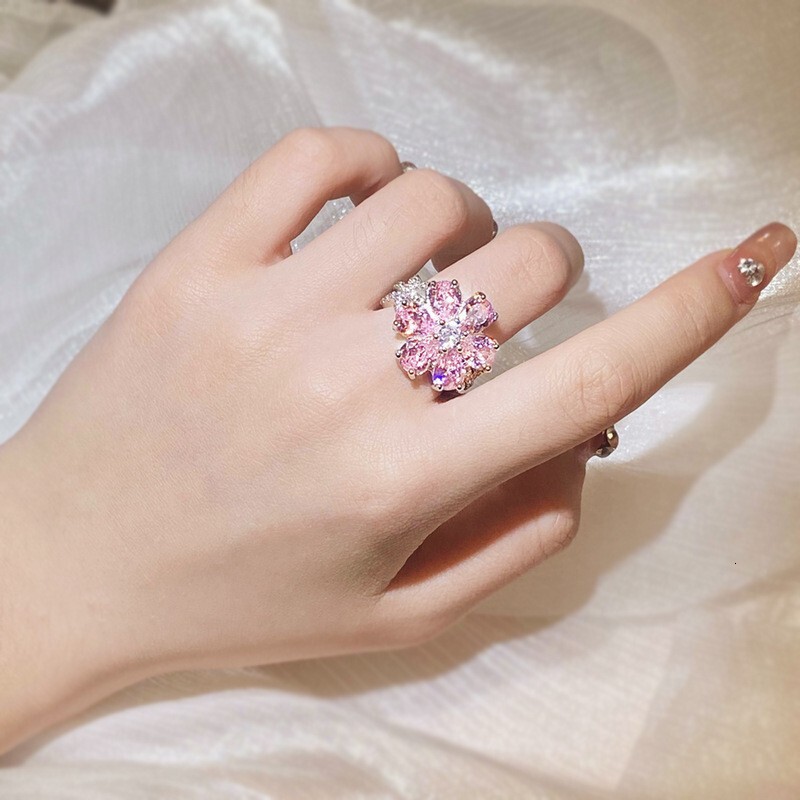 Designer Ring Cross Border Hot Selling Light Luxury Fashion Ring Pink Heart Zircon Ring Women's Sweet And Super Bright Pink Diamond Flower Ring J