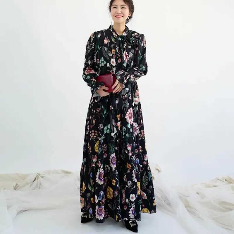 Ele dress retro fashion long Sve closed dress womens flower Hit colored necklace tie lotus Le big swing dress W250401