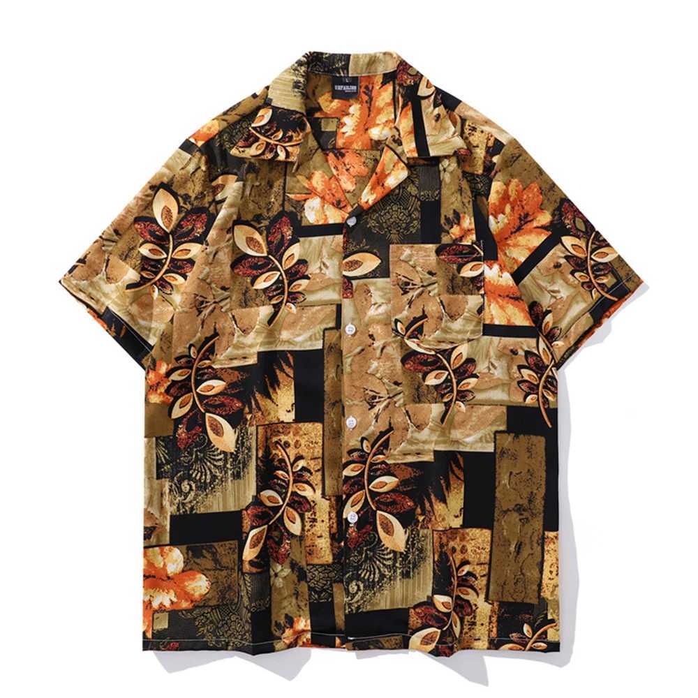Black yellow leaf Hawaiian shirt mens summer street retro shirt short sleeved unisex clothing X250410