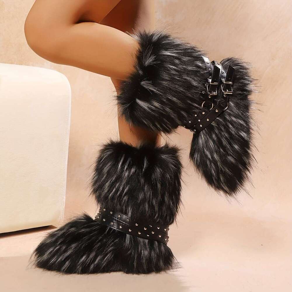 Women's Faux Fur Winter Warm Boots - Cross Strap Design, Mid-Calf Round Toe Slip-On, Non-Slip Rubber Sole With Fleece Lining, Available In Black/