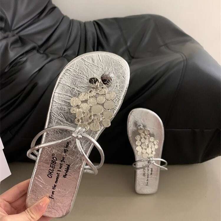 Woman Sandals Summer New Sequined Women Metal Low Heel Flat Roman Sandals Square Toe Flip Flops For Women