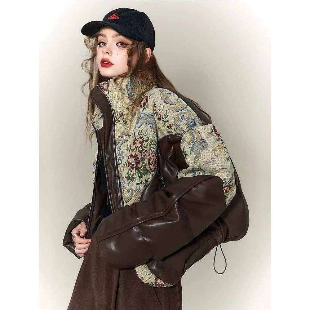 Vintage Coat Women's Winter Waterproof Embroidered Jacquard Jacket Down Thick Warm Outerwear PU Leather Parka
