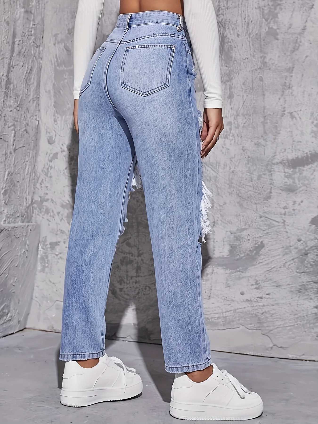 American Retro Hole-punched Jeans Women High Waist Straight-crotch Loose Slim Design High-street Wide-legged Dragging Pants C251110