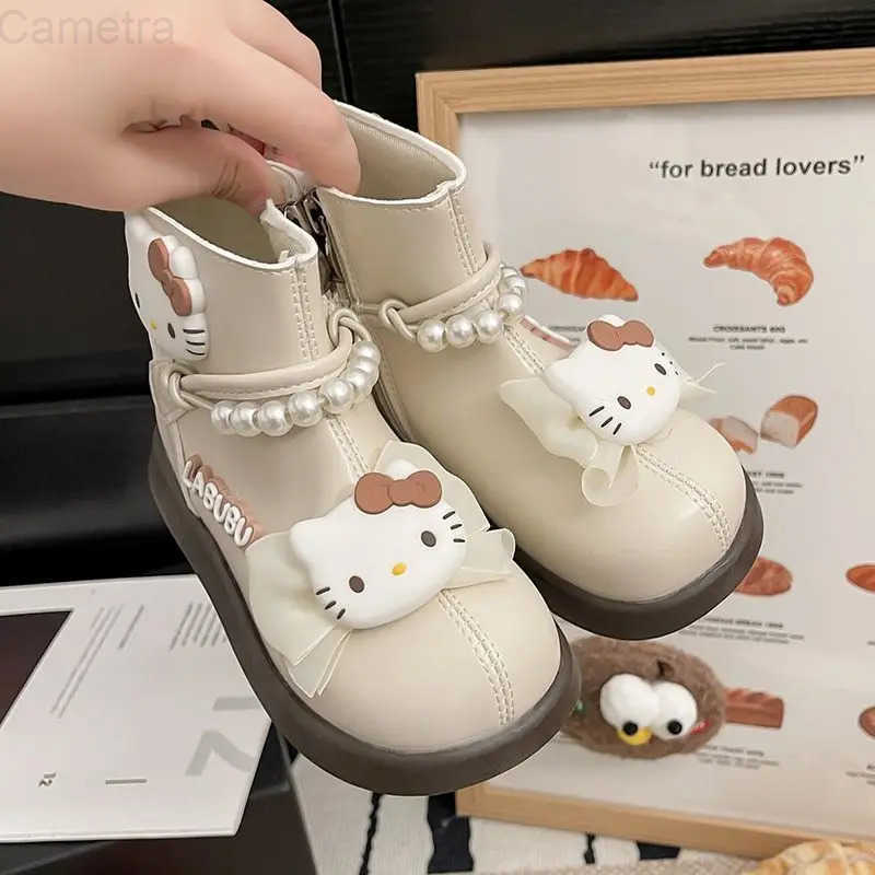 Sanrio Kawaii Hello Kitty Children Cute Cartoon Comfortable Warm Leather Boots Students Waterproof Boots Flat Shoes for Kids H251110