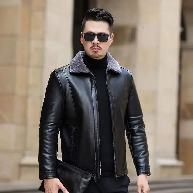 Genuine Leather Jacket For Men Middle-Aged Sheepskin Jacket Man Plus Plush Flip Collar Fur Integrated Jacket Large Size Coat 251105