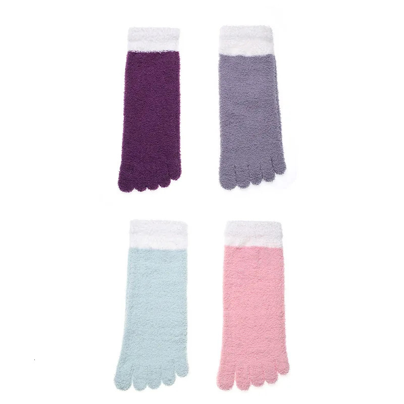 Winter Warm Socks with Fingers Women s Thick Coral Fleece Fluffy Bed Sock Soft Cozy Purple Striped Slipper Socks with Toes 251106