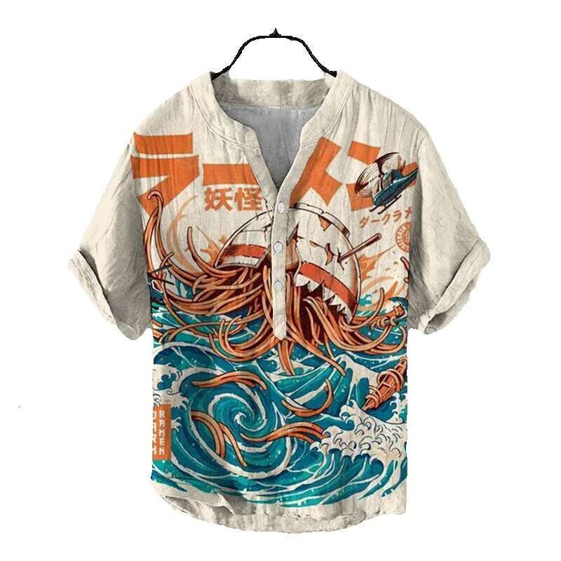 Henry Summer casual T-shirt wave 3D printed cardigan short sleeved fashionable top Men's clothing