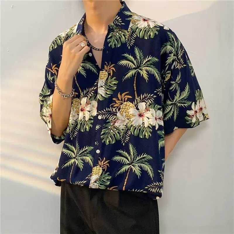 Hawaiian mens summer casual fashion loose short sleeved button up collar shirt beach palm beach printed loose top X250410