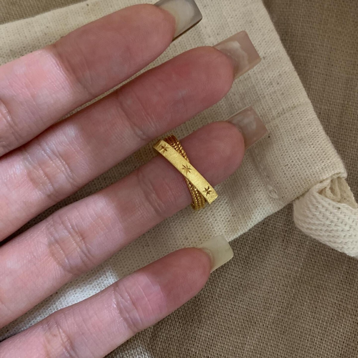 S925 Sterling Silver Designer Ring Mercury Note Small Double Ring Brushed Gold Bead Women's Starlight Ring Retro Style Retro Fashion Ring