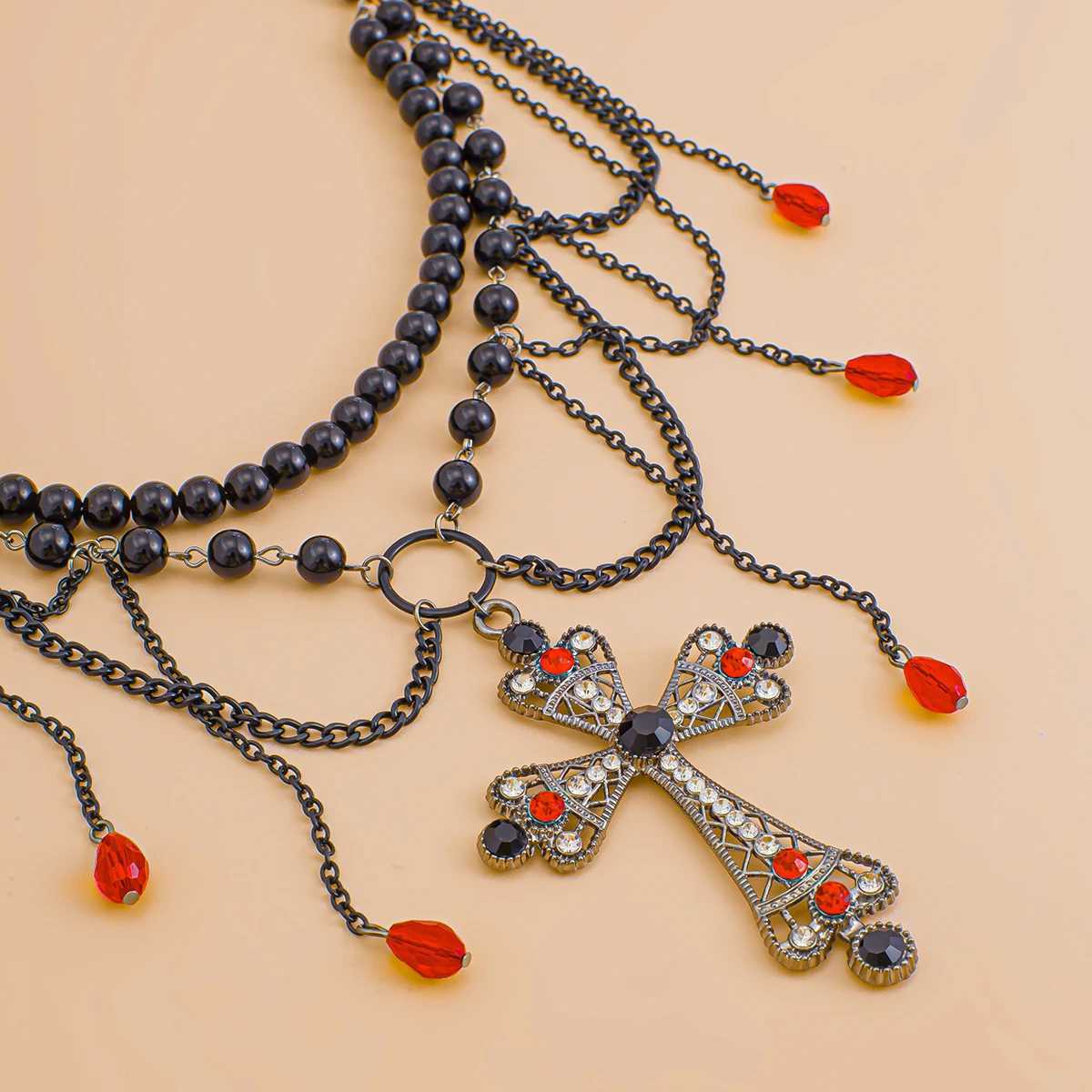 IngeSight. Elegant black crystal cross pendant waist and belly chain used for Gothic Halloween body chain jewelry gifts X250410