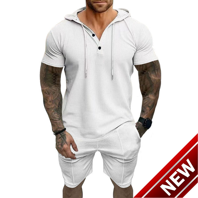 2024 Summer New Mens Casual Hoodie Set T-shirt Henley Shirt