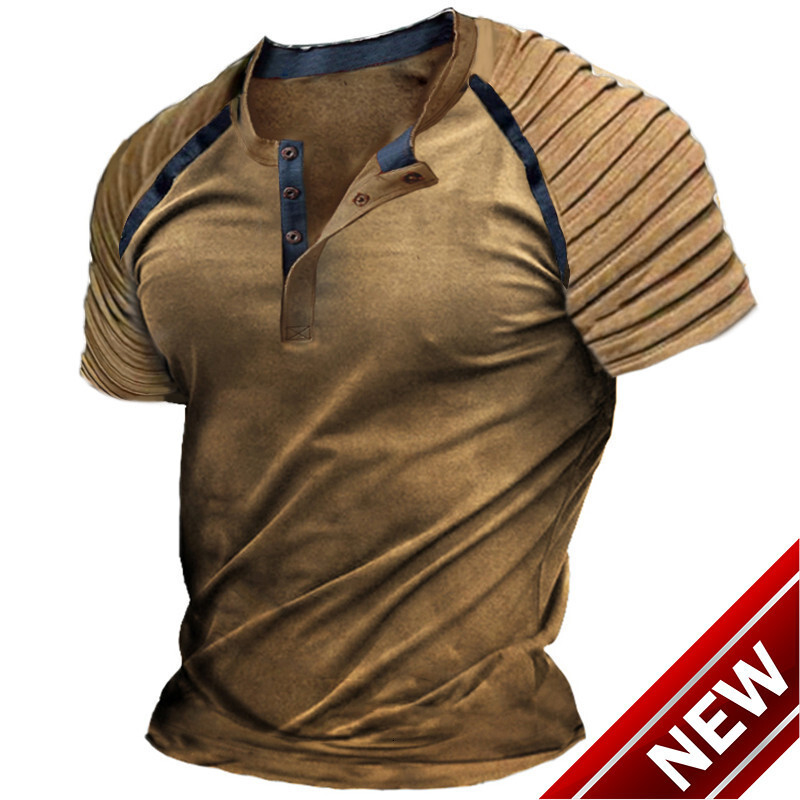 2025 New Summer Mens Sleeves Folded Short Sleeve T-shirt Mens Henry Collar Top