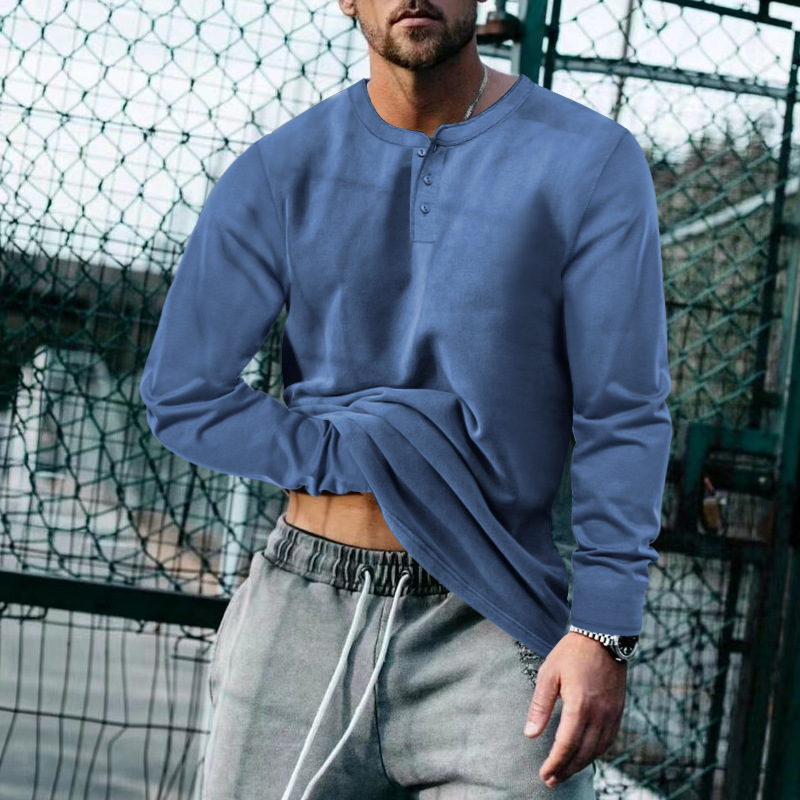2024 mens spring and autumn round neck long sleeved T-shirt loose fitting pullover casual solid color T-shirt base shirt