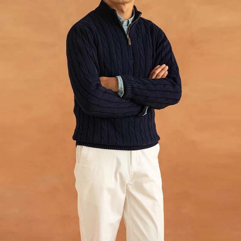 Men's Light Turtleneck Jacquard Knit Zipper Pullover Leisure Vintage Solid Color Long Sleeve Sweater Korean Style Clothes