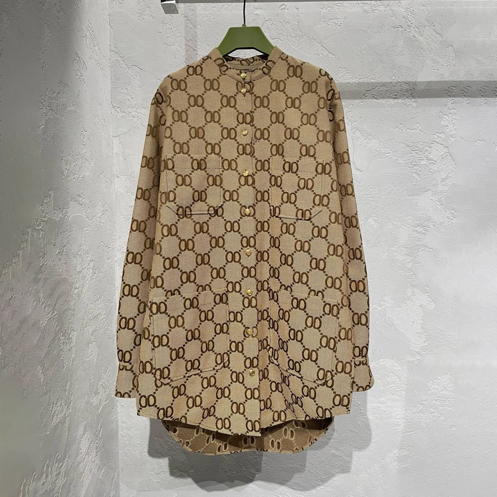 Designer Women's Shirt High Quality Cardigan Style Jacquard Detail Khaki Cotton Long Sleeve Button Up Women's Shirt