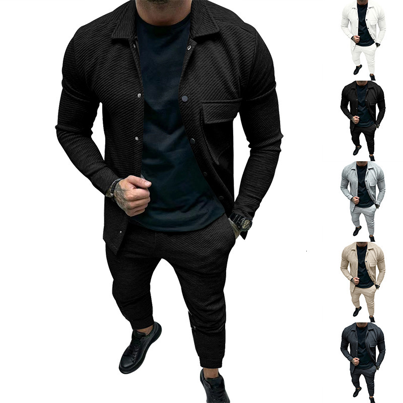 2024 autumn/winter new mens collar solid color long sleeved pants set loose and versatile two-piece set