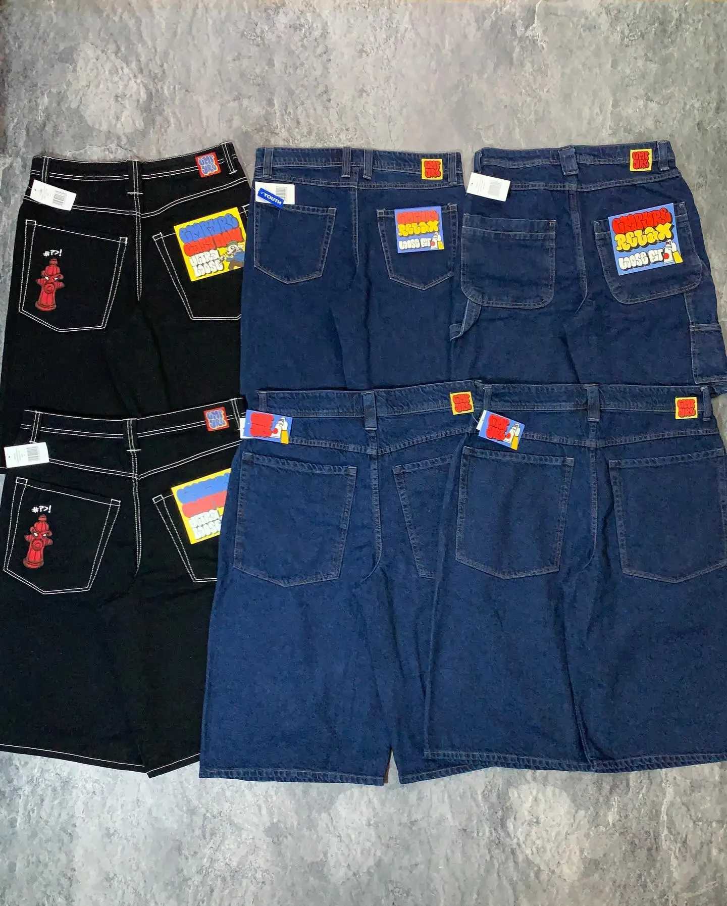 Streetwear Empyre shorts Y2K Gothic hip-hop cartoon embroidered pocket jeans denim gym shorts high waisted mens basketball shorts W250410